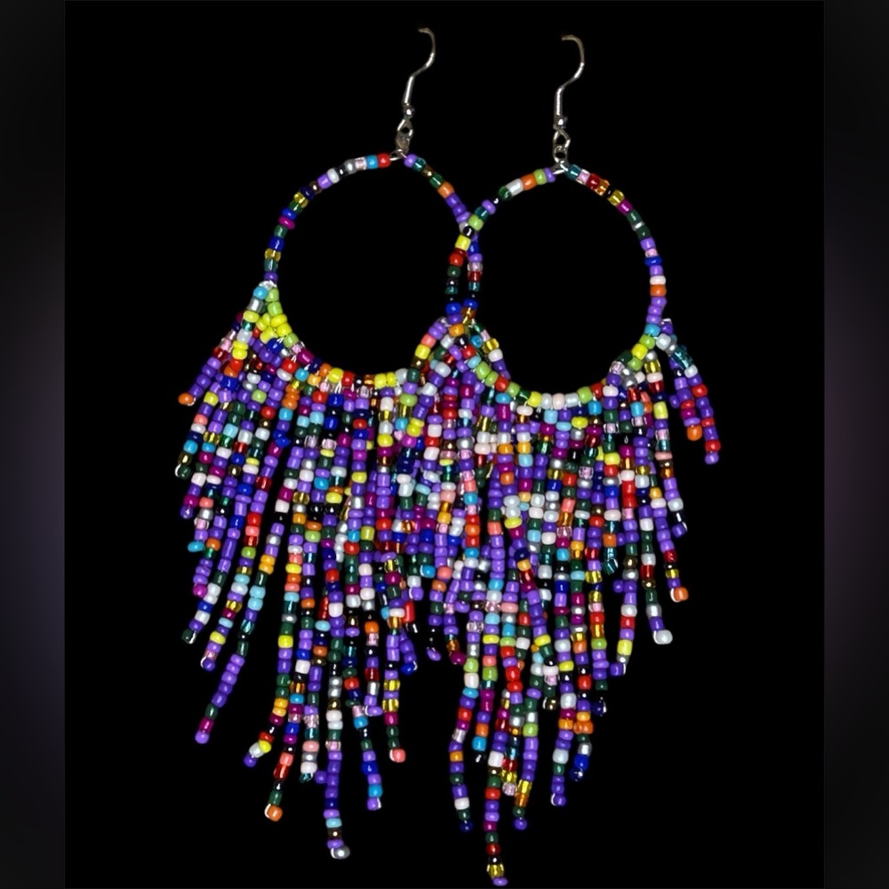 Purple Beaded Tassel Dangle Earrings